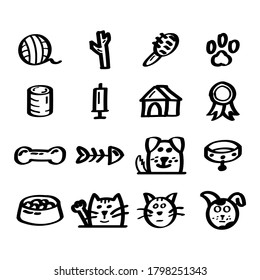 Set Abstract Doodle Elements Hand Drawn Collection Pets Animal Sketch Vector Design Style Background Dog Cat Bone Food Training Caring Grooming  Illustration Icons
