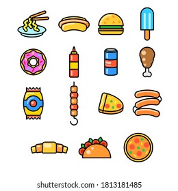 Set Abstract Doodle Elements Hand Drawn Collection Fast Food Pizza Hamburger Snack Drink Croissant Sketch Vector Design Style Background Menu Illustration Icons