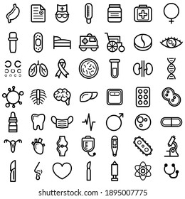 Set Abstract Doodle Elements Hand Drawn Collection Medicine Sketch Vector Design Style Background Medic Syringe Tablet Heart Microscope Potion Illustration Cartoon Icons