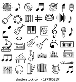 Set Abstract Doodle Elements. Hand Drawn Music Collection. Vector Design Style Background Notes Sound Song Guitar Sing Illustration Cartoon Icons
