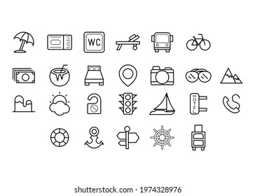 Set Abstract Doodle Elements Hand Drawn Collection Travel Tourism Sketch Vector Design Style Background Summer Sun Compass Camera Plane Glasses Ticket Illustration Icons