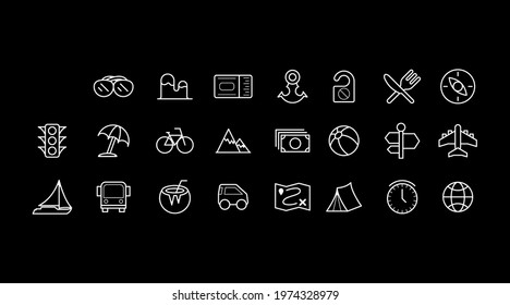 Set Abstract Doodle Elements Hand Drawn Collection Travel Tourism Sketch Vector Design Style Background Summer Sun Compass Camera Plane Glasses Ticket Illustration Icons