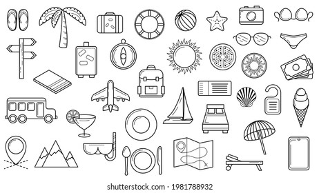 Set Abstract Doodle Elements Hand Drawn Collection Travel Tourism Sketch Vector Design Style Background Summer Sun Compass Camera Plane Glasses Ticket Illustration Icons