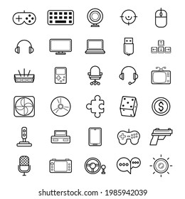 Set Abstract Doodle Elements Hand Drawn Collection Electronic Device Games Keyboard Play PC Mouse Headphones Gamepad Sketch Vector Design Style Background Illustration