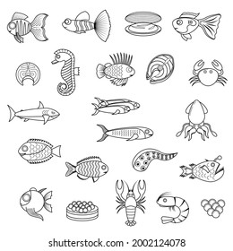Set Abstract Doodle Elements Hand Drawn Collection Different Seafood Animal Sketch Vector Design Style Background Fish Shark Shrimp Octopus Tentacles Illustration Cartoon Icons