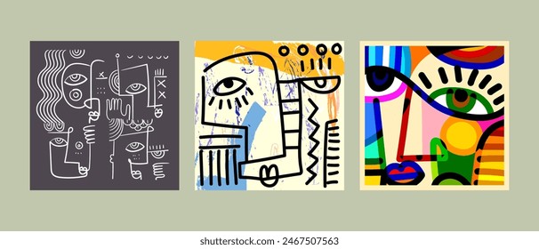 Conjunto de arte de pared de Ilustración vectorial dibujado a mano decorativo de retrato de cara de garabato abstracto.