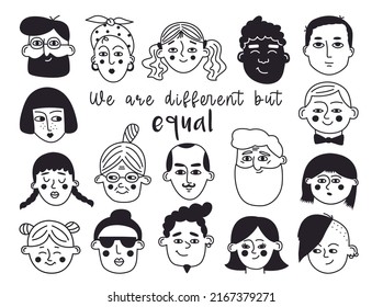 Set of abstract doodle faces. Hand drawn portraits of people of different nationalities, ethnicities, age and gender. Funny linear characters. Collection of vector men and women icons