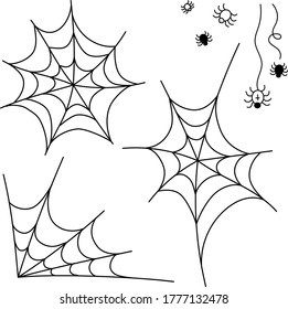 Set of abstract doodle - Halloween spiderweb and spider. Black outlines isolated on a white. Hand drawn vector illustration for cards, stickers, textile, background, goods, packaging and design.