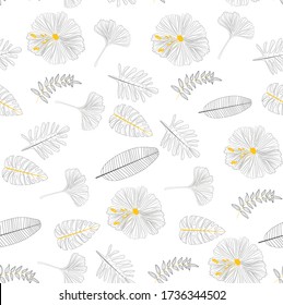 Set of abstract doodle hand draw tropical jungle leaves. Vector isolated tropical elements. Tropical flat design with particle texture. Jungle leavs and flowers elements illustration