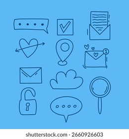 Definir ícone de linha de doodle abstrato no plano de fundo azul