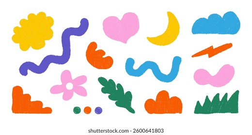 Set of abstract doodle objects and hand-drawn shapes on a transparent background, featuring playful crayon scribbles, naive vector designs, irregular organic forms, geometric collages, and elements.