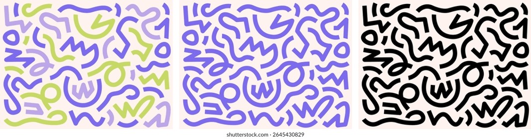 Set of abstract doodle seamless patterns. Collection of hand-drawn minimalist backgrounds in different color variations-Modern pop art design