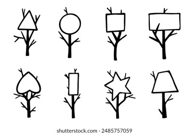 Set von abstrakten Kritzeleien, dekorative Bäume, Büsche. Vektorgrafik-Grafiken.