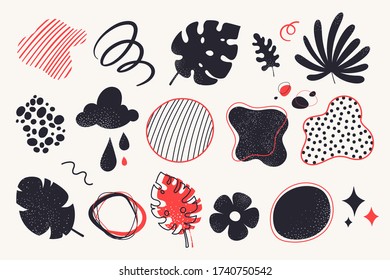 Conjunto de doodles abstractos y elementos florales. Resumen de formas planas, marcos, siluetas y líneas negras con efecto granulado. Colección de elementos artísticos contemporáneos. Aislado en blanco. Ilustración vectorial.