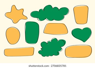 Set of abstract doodles, organic shapes, abstract fluid shapes, and wavy spots in yellow and green for design, stickers, and modern branding.