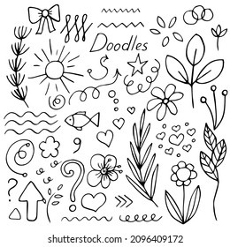 Un conjunto de dibujos abstractos de la mano de ilustraciones vectoriales para el concepto de ramas, hojas, flores, flechas, líneas y corazones