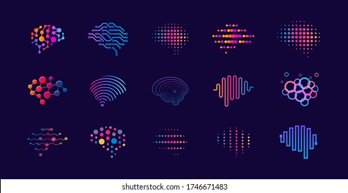 Набор абстрактных точек и линий концепции логотипов мозга. Логотип для научных инноваций, машинного обучения, искусственного интеллекта, медицинских исследований, разработки новых технологий, здоровья человеческого мозга, ИТ-стартапа.