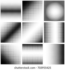 Set of abstract dotted background. Halftone effect. Vector texture. Modern background. Monochrome geometrical pattern. Strips of points. Black dots on white background.