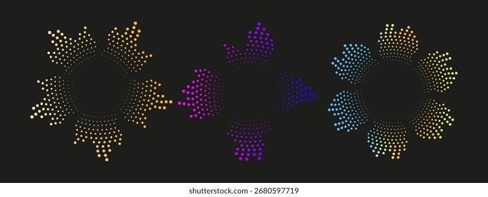 Conjunto de marcos de ondas sonoras punteadas abstractas en colores neón. Espectro de audio circular con vibrantes oscilaciones. Moderna Plantilla de Vector para carteles de música digital y Anuncios.