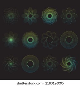 Set of abstract dotted spiral vortex. Spiral icons of various shapes. Vector illustration