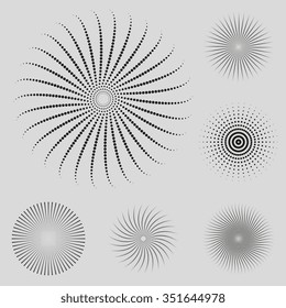 Set of abstract dotted sunburst. Vector background