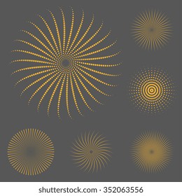Set of abstract dotted sunburst. Vector background