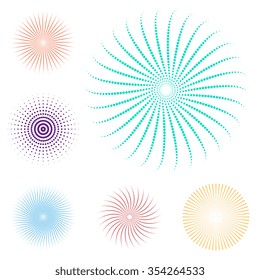 Set of abstract dotted sunburst. Vector background
