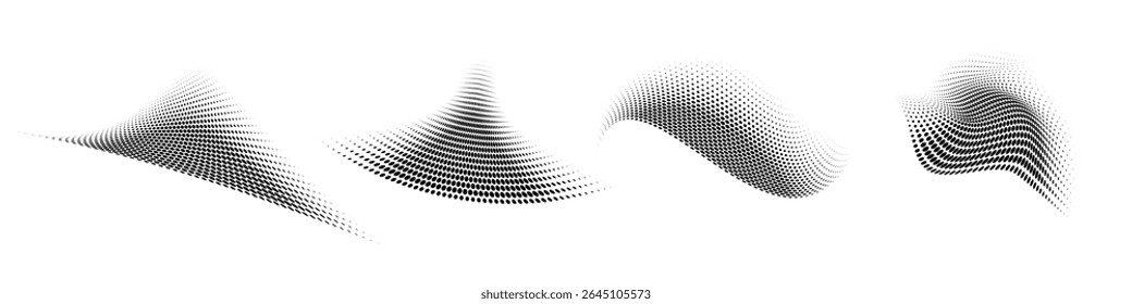 Set of abstract dotted waves. Halftone curved shapes in black color isolated on white background. Curved and twisted gradients forms. Trendy graphic vector illustration.