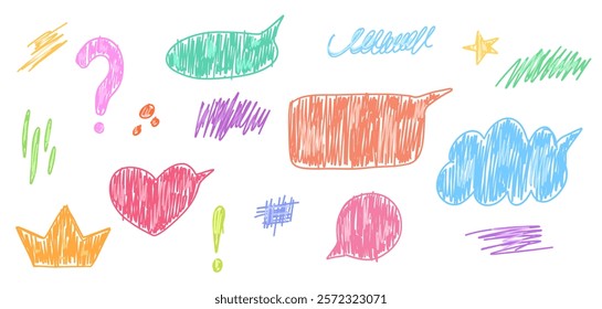 Set of abstract drawings with crayon texture in hand drawn style