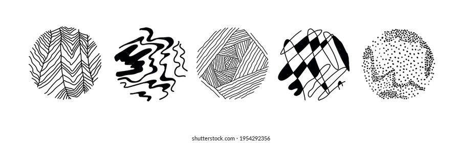 Set of abstract drawings. Textures in a circle. Hand Drawn Doodle Patterns Curved Lines Compositions Dots Spots Blue Strokes Modern Vector Social media icons. Formal composition. Ink textures. 