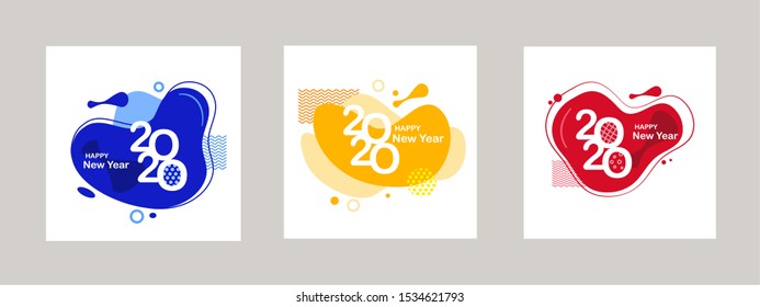 Set of Abstract Dynamic Modern Geometric Fluid Element for Happy New Year 2020 Template. Memphis Design for 2020 Calendar, Greeting Cards, Banner or Print. Flat Vector Liquid Style Illustration.