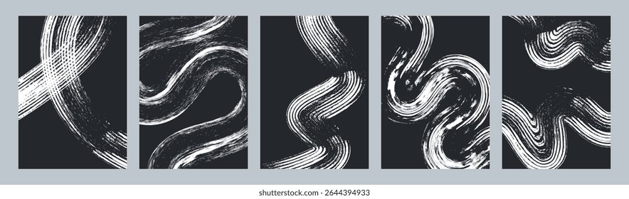 Set of abstract dynamic white brush stroke textures on dark backgrounds for modern design backdrops and social media story templates. Vector illustration