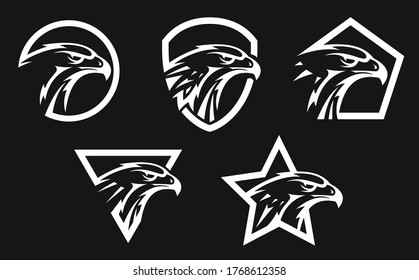 Set of abstract eagle or hawk head isolated on white background. Template for design mascot, label, badge, emblem or other branding. Vector illustration.