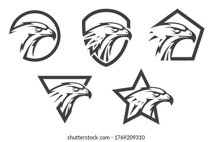 Set of abstract eagle or hawk head isolated on white background. Template for design mascot, label, badge, emblem or other branding. Vector illustration.