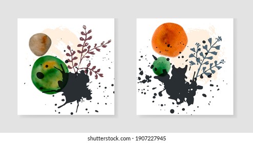 Conjunto de colores de tierra abstractos de fondo vectorial minimalista con elementos florales. Colección de ilustraciones cuadradas con formas de textura para diseño de medios sociales, banner, tarjetas de felicitación, fondo de pantalla
