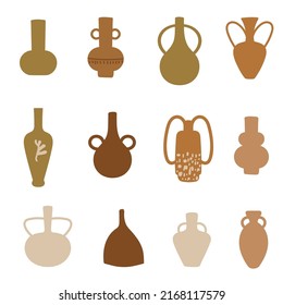 Set of abstract earthy vases and amphoras. Vase pottery, ancient pot Greek. Bohemian terracotta different shapes of vases. Vector design.