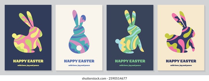 Set of abstract Easter greeting cards with colourful bunny in modern style. Vector illustration