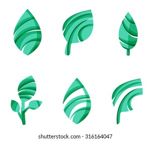 Set of abstract eco leaf icons, business logotype nature concepts, clean modern geometric design. Created with transparent abstract wave lines
