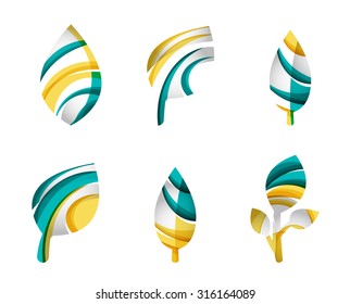 Set of abstract eco leaf icons, business logotype nature concepts, clean modern geometric design. Created with transparent abstract wave lines