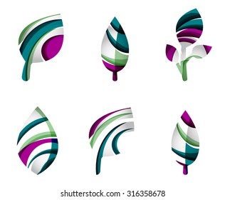 Set of abstract eco leaf icons, business logotype nature concepts, clean modern geometric design. Created with transparent abstract wave lines