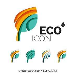 Conjunto de íconos ecológicos abstractos, conceptos de la naturaleza del logotipo empresarial, diseño geométrico moderno y limpio. Creado con líneas de onda abstractas transparentes