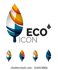 Conjunto de íconos ecológicos abstractos, conceptos de la naturaleza del logotipo empresarial, diseño geométrico moderno y limpio. Creado con líneas de onda abstractas transparentes