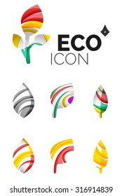 Set of abstract eco leaf icons, business logotype nature concepts, clean modern geometric design. Created with transparent abstract wave lines