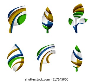 Conjunto de íconos ecológicos abstractos, conceptos de la naturaleza del logotipo empresarial, diseño geométrico moderno y limpio. Creado con líneas de onda abstractas transparentes