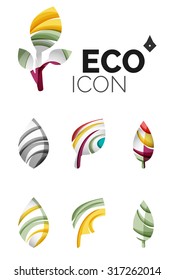 Set of abstract eco leaf icons, business logotype nature concepts, clean modern geometric design. Created with transparent abstract wave lines