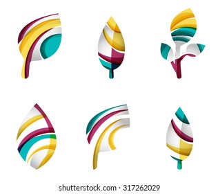 Set of abstract eco leaf icons, business logotype nature concepts, clean modern geometric design. Created with transparent abstract wave lines