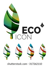 Set of abstract eco leaf icons, business logotype nature concepts, clean modern geometric design. Created with transparent abstract wave lines