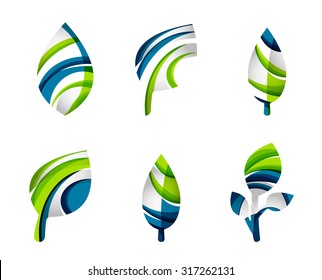 Set of abstract eco leaf icons, business logotype nature concepts, clean modern geometric design. Created with transparent abstract wave lines