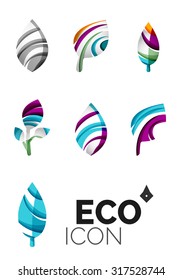 Set of abstract eco leaf icons, business logotype nature concepts, clean modern geometric design. Created with transparent abstract wave lines
