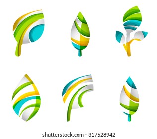 Set of abstract eco leaf icons, business logotype nature concepts, clean modern geometric design. Created with transparent abstract wave lines